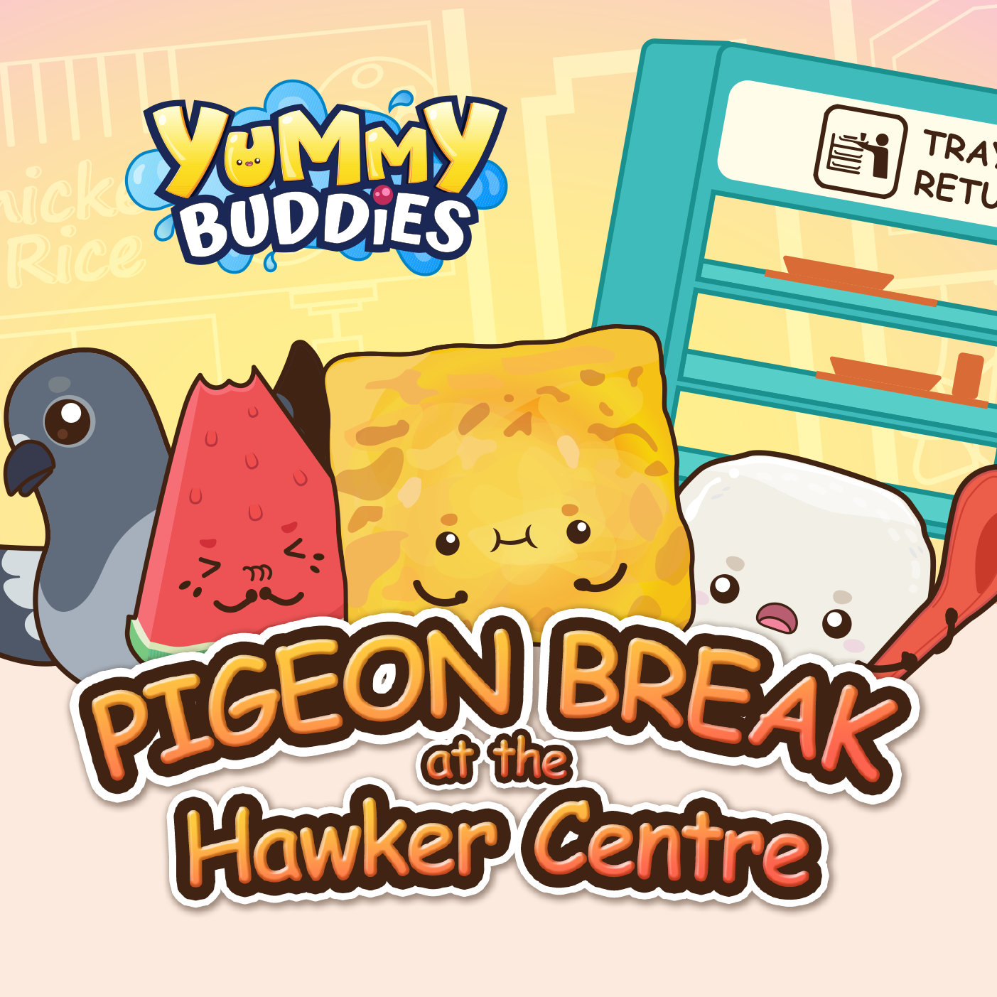 Thumbnail titled "Pigeon Break at the Hawker Centre" featuring a pigeon standing beside Merry, Flip, and Bouncy near a hawker tray return rack.